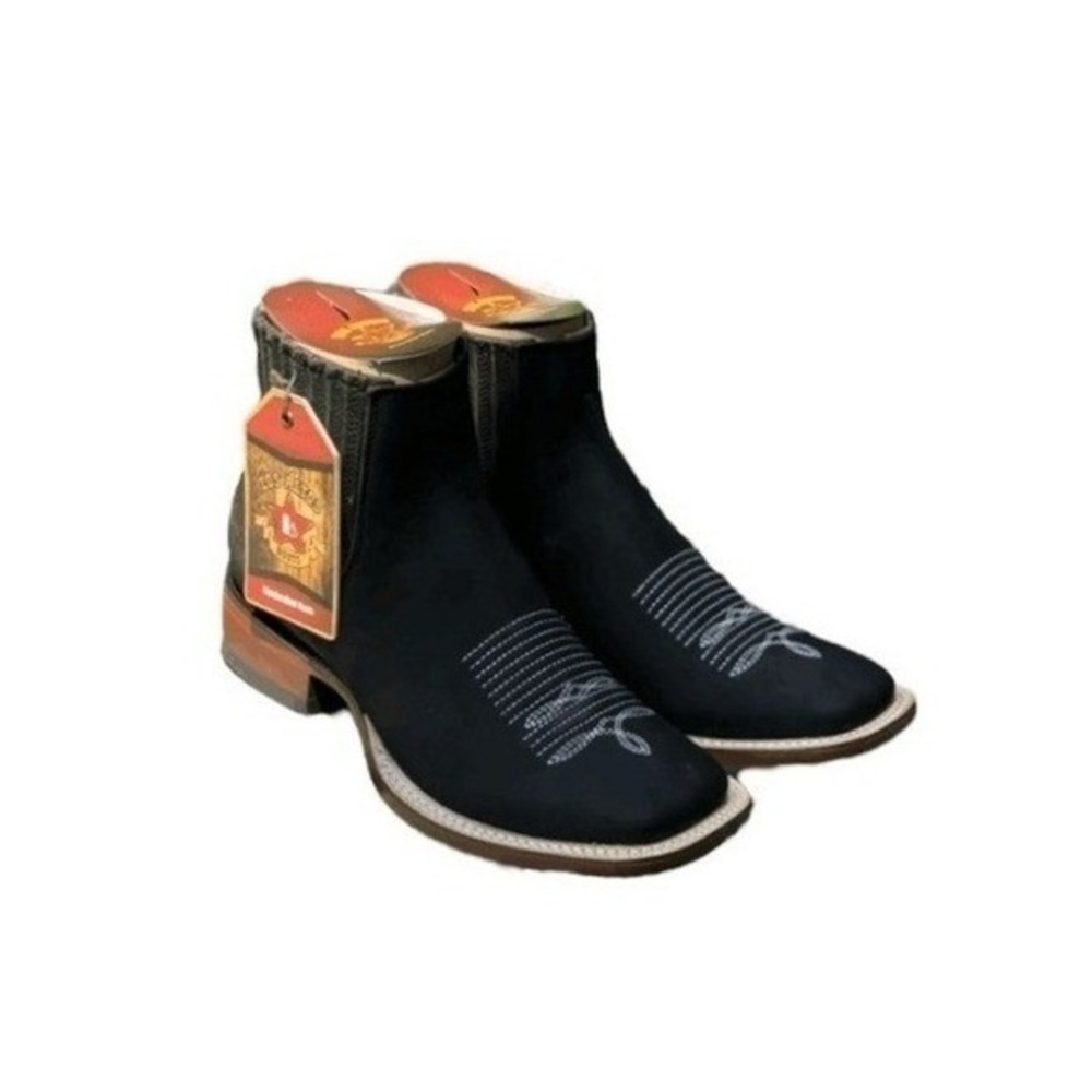 Los Altos Boot Nubuck Black Square Toe Chelsea Boots White Embroidered 9 EE Wide